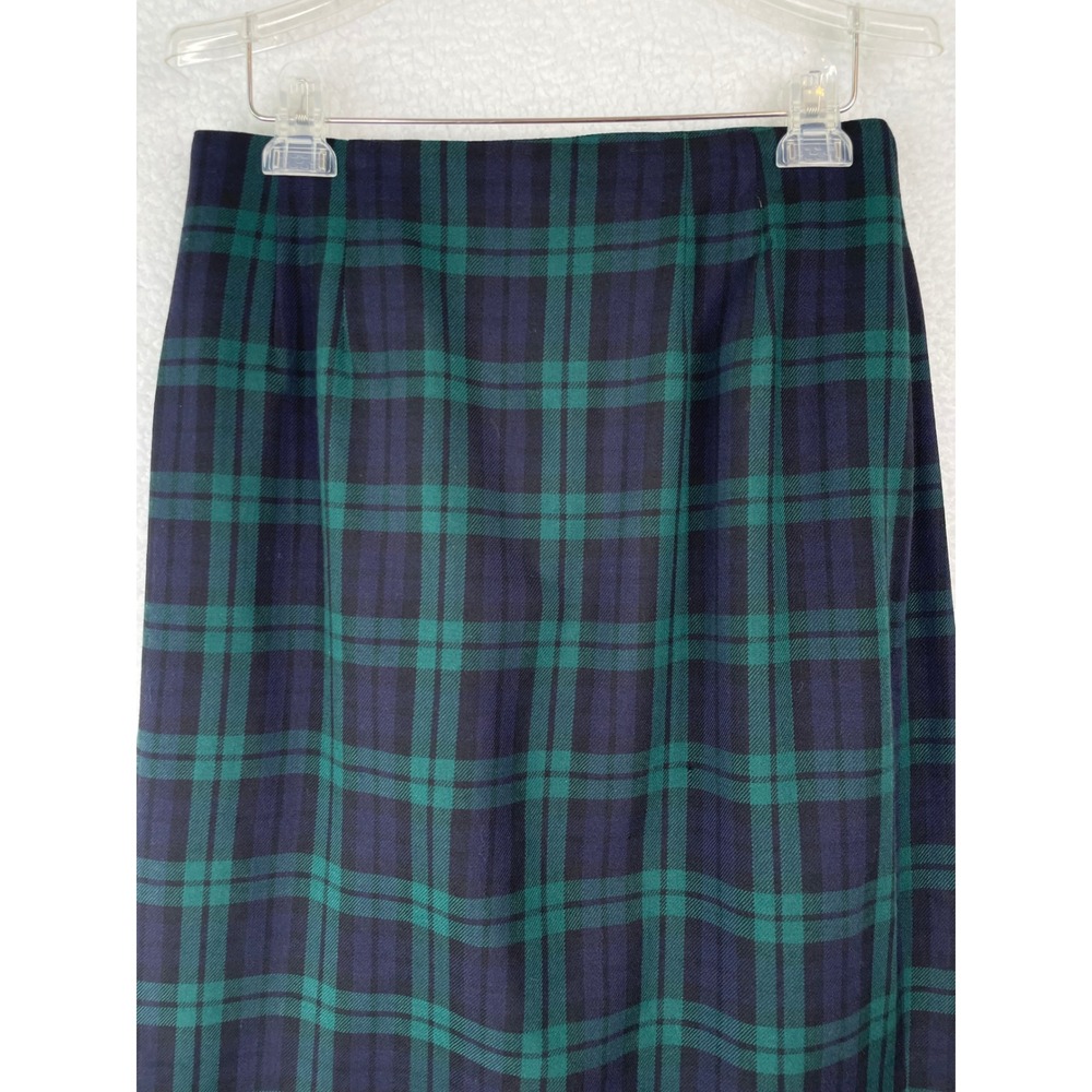 Rafaella Petites Wool Wrap Skirt Black Watch Plaid Fringed Midi Green Navy 12P - Picture 5 of 10